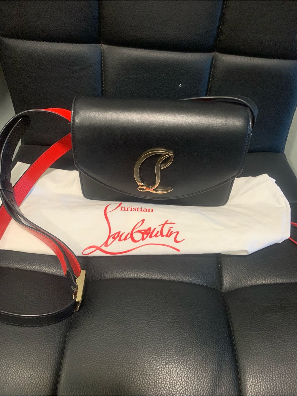 Authentic Christian Louboutin Black Leather Crossbody with Red Strap and Gold